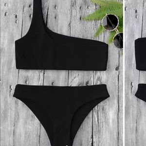 Black one shoulder bikini set by ZAFUL